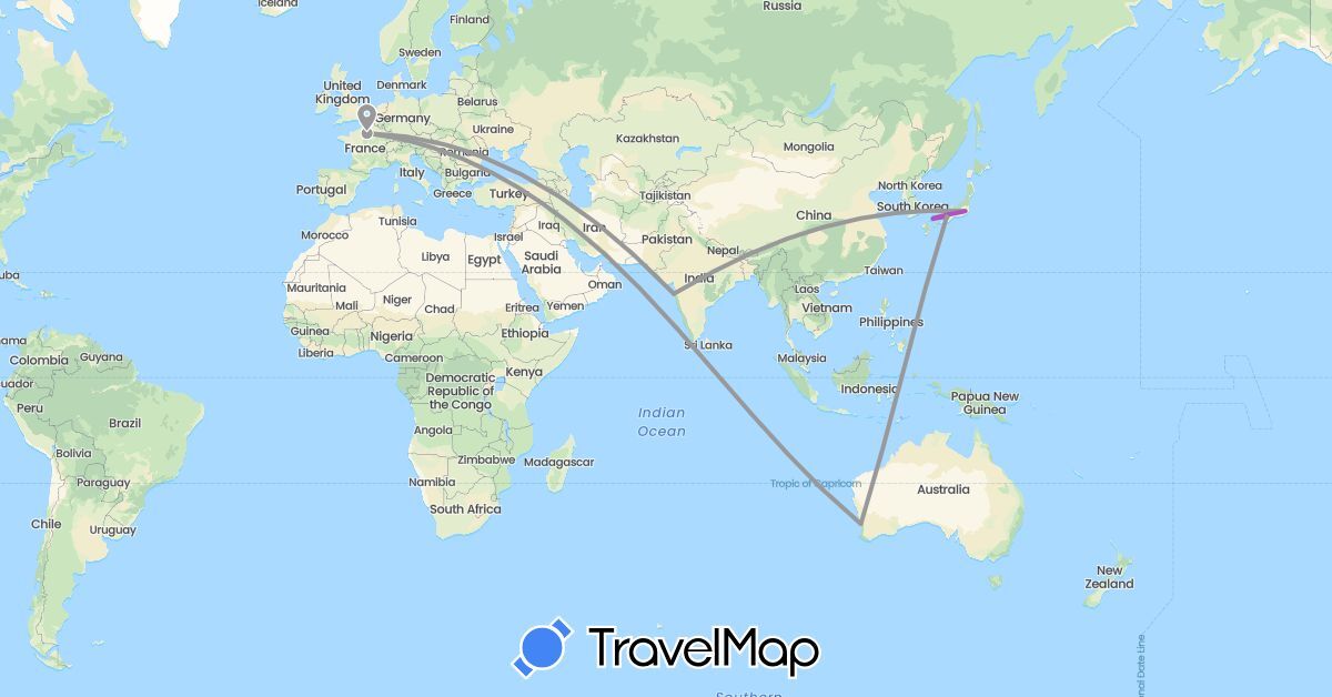 TravelMap itinerary: driving, plane, train, boat in Australia, France, India, Japan (Asia, Europe, Oceania)